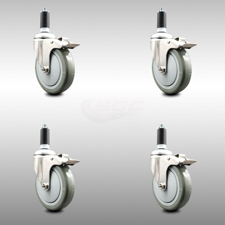 Service Caster 5 Inch 316SS Gray Poly Swivel 1-1/4 Inch Expanding Stem Caster Set Lock Brake SCC-SS316TTLEX20S514-PPUB-114-4